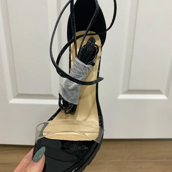 NWT Black heels with acrylic strap and leg ties - Picture 2 of 5